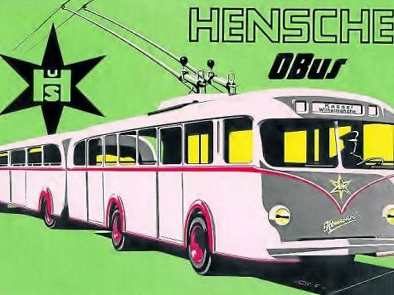 Henschel-Geschichte: Unter dem Dach des Museums werden neben Fotos von Produkten auch Zeitschriften wie der Henschel-Stern und Werbeplakate aufbewahrt. Eines davon zeigt diesen (Oberleitungs-)Bus. Repro:  nh