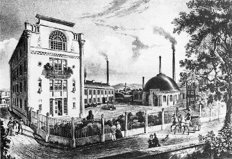 Henschel-Geschichte auf dem heutigen Campus: Die Zeichnung aus dem Jahr 1837 zeigt die damalige Gießerei und die Schlote der Henschelei. Das Gießhaus und einer der Schornsteine stehen heute noch auf dem Uni-Gelände.
